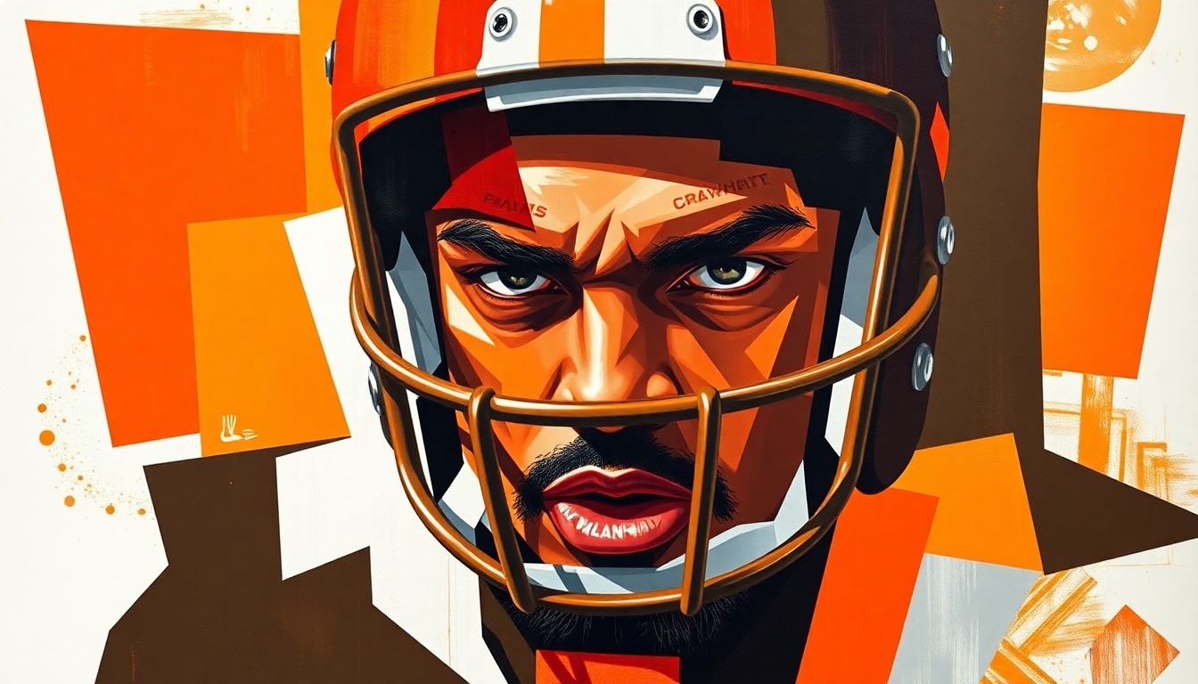 A fragmented, geometric painting depicting the silhouette of a large football player in shades of orange, brown, and white, conveying the conceptual idea of an offensive lineman in a deconstructed, abstract style.
