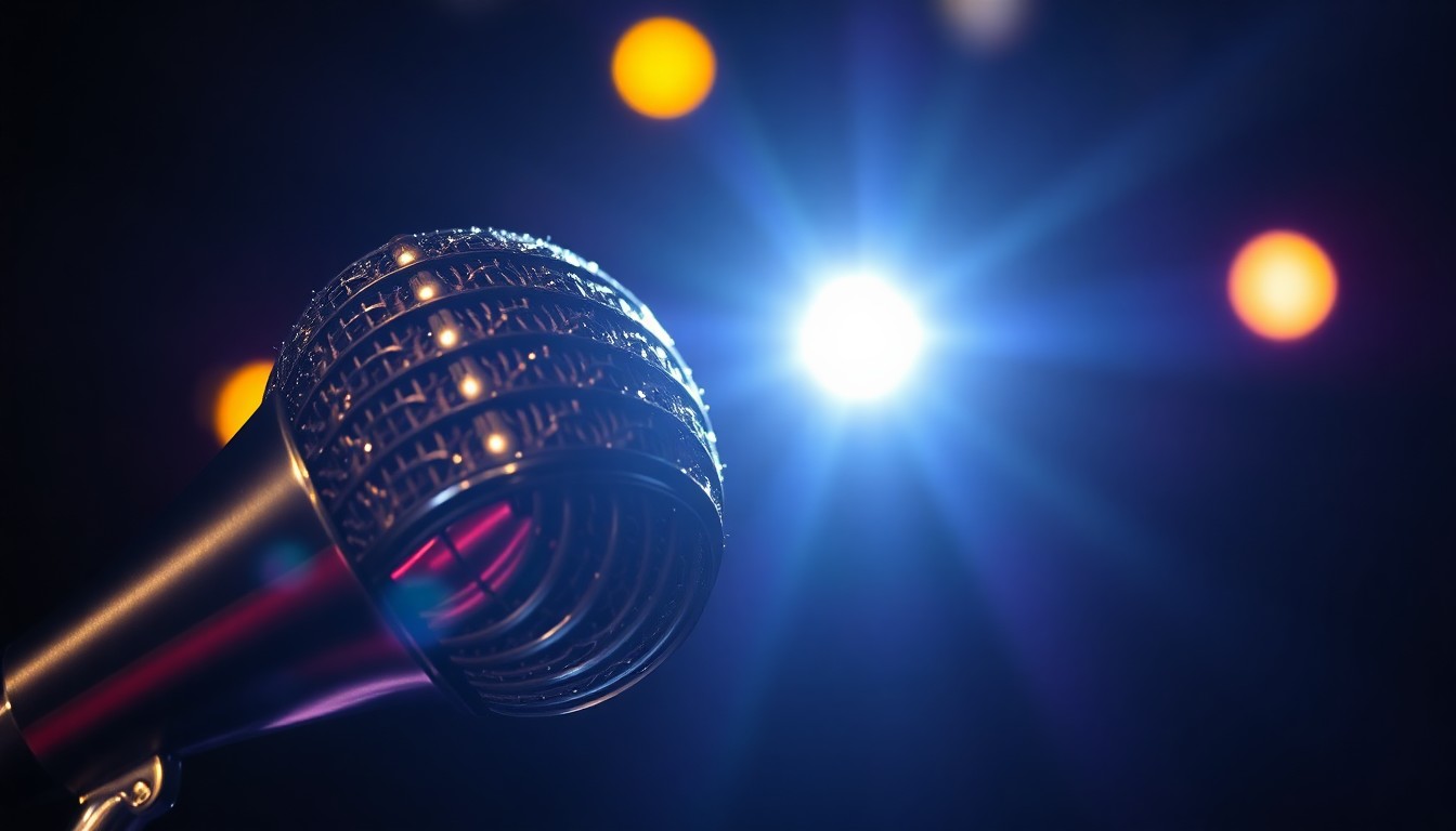 An extreme close-up photograph of a shiny, glittering microphone in dramatic high-contrast studio lighting, conceptually representing the glamour and star power of a legendary musical performance.