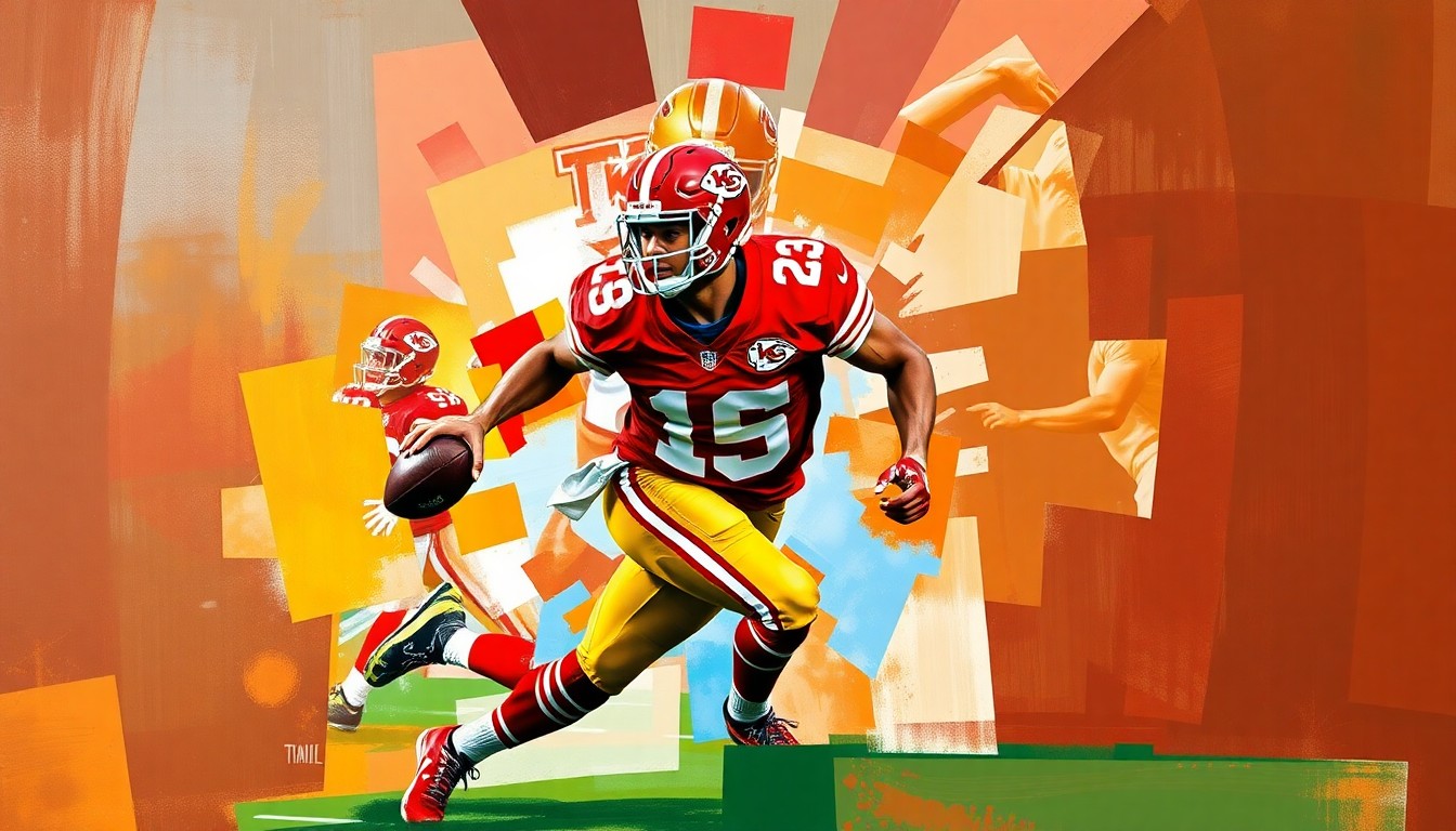 A cubist, geometric painting depicting a football player in motion, with sharp, overlapping planes of red and gold colors representing the Kansas City Chiefs' uniform.