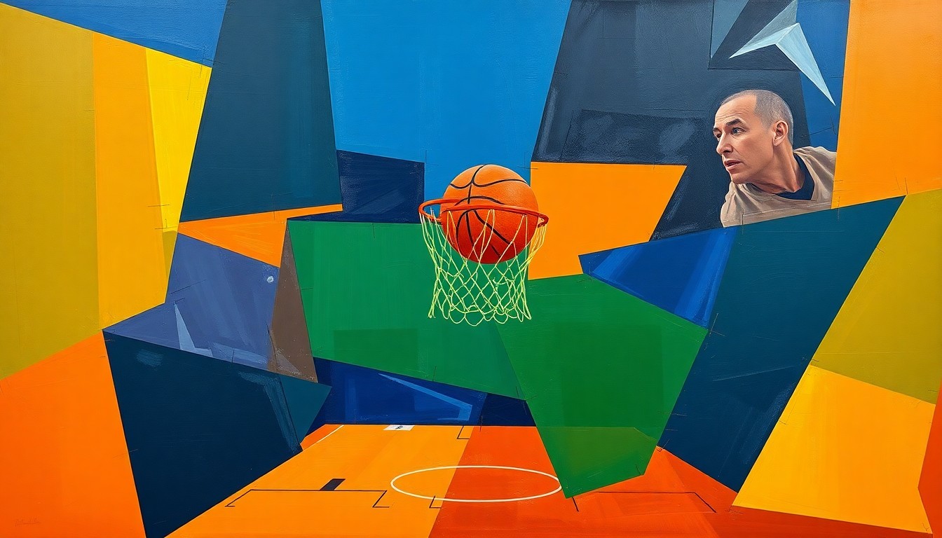 A cubist-style painting featuring overlapping geometric shapes and planes in shades of blue, green, and orange, capturing the dynamic energy of a basketball game or match.