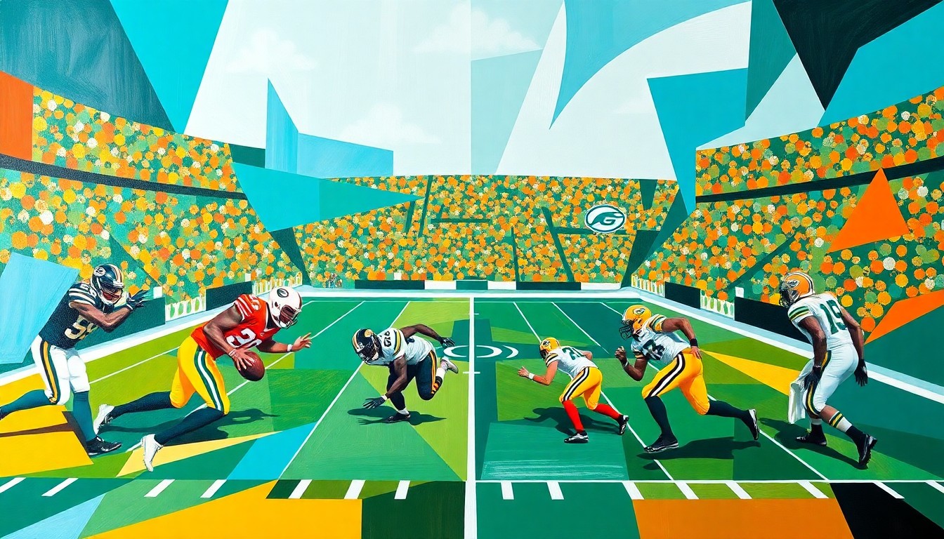 A fragmented, geometric painting depicting an American football game, with the players and field abstracted into bold, angular shapes in a vibrant color palette, capturing the energy and intensity of the matchup between the Miami Dolphins and Green Bay Packers.