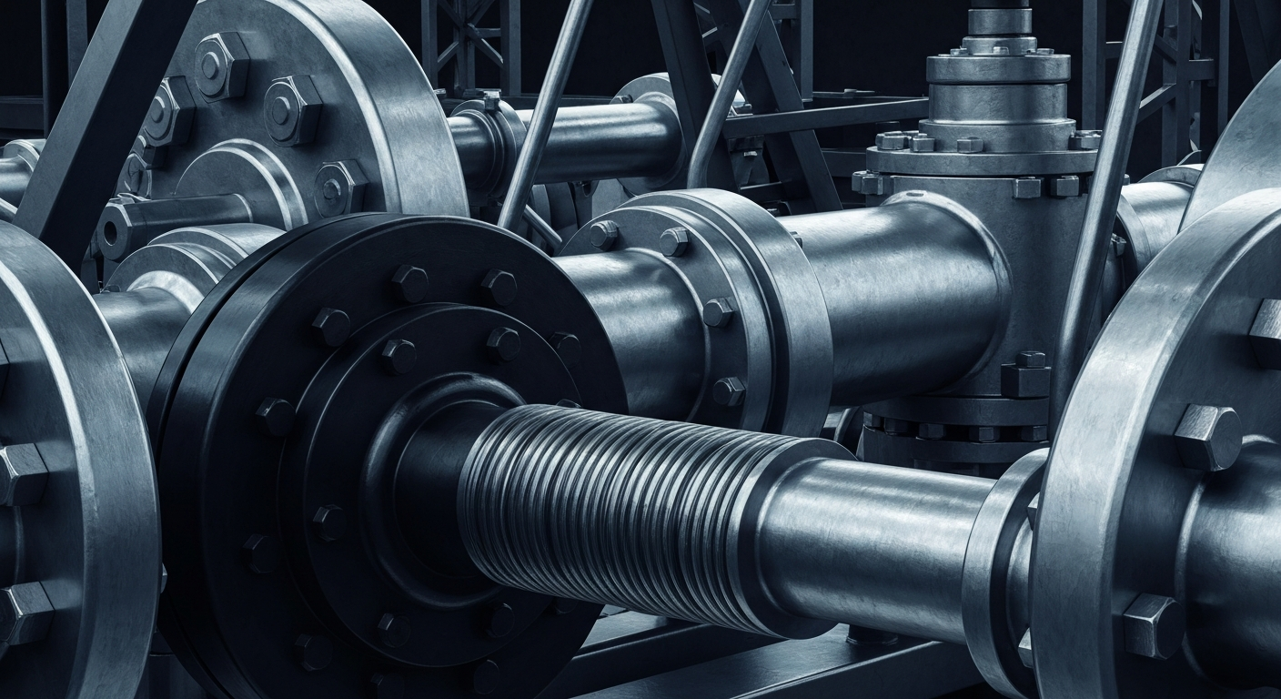 A dramatic close-up of heavy, polished oil and gas extraction equipment in muted shades of grey, black, and steel blue, conveying a sense of power and stability in the finance sector.