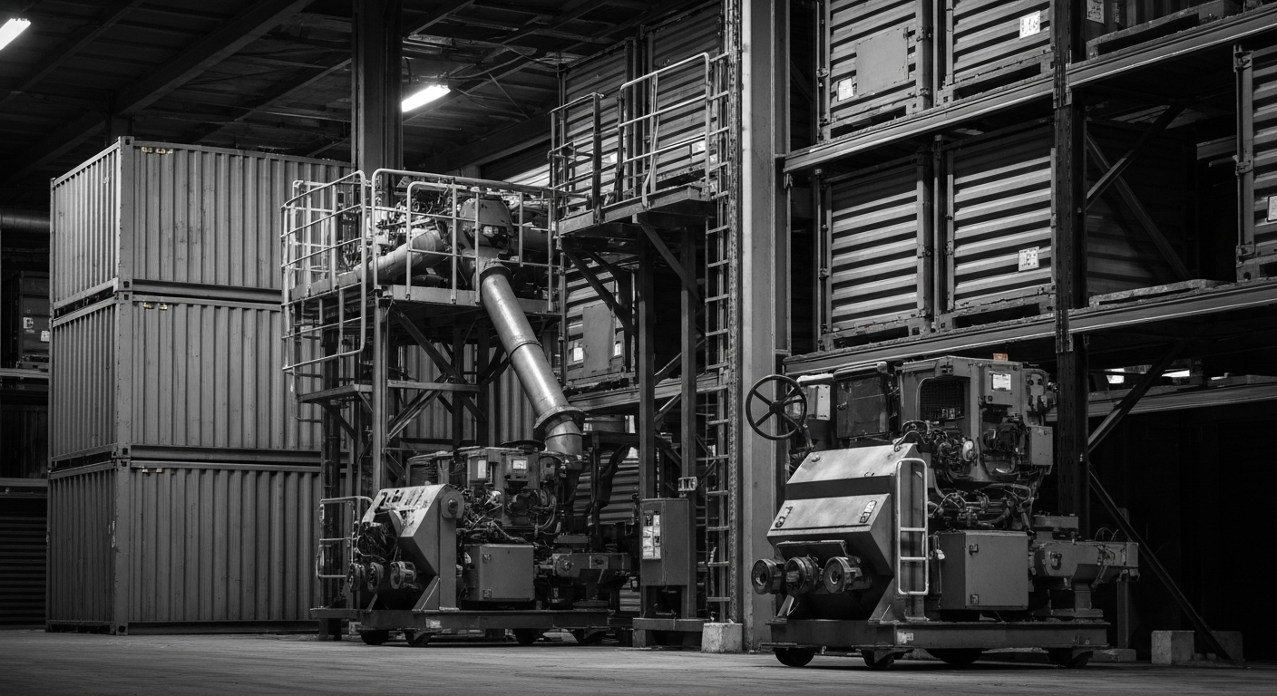 An extreme close-up of heavy, industrial storage containers and machinery in a dimly lit warehouse, conveying the physical scale and operational complexity of the self-storage business.