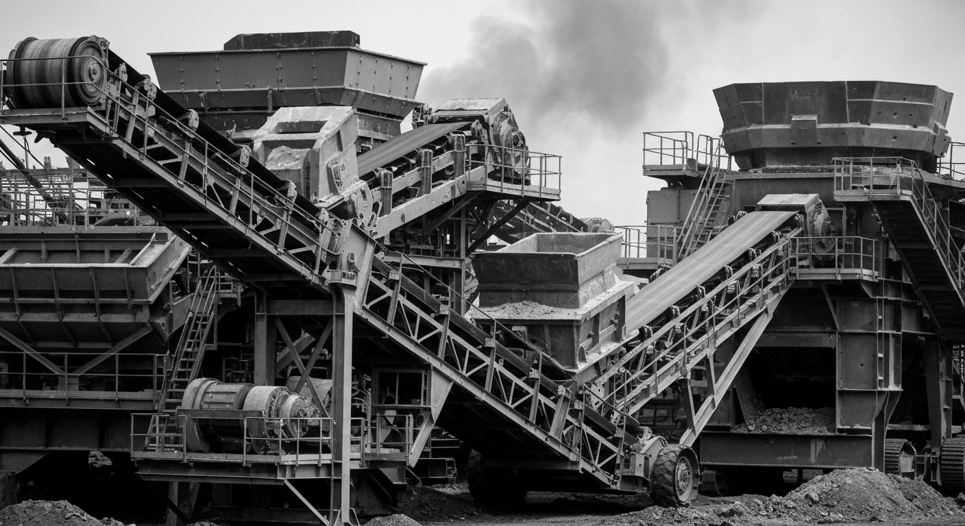 A high-contrast, black and white close-up photograph of large, industrial mining equipment and machinery, conveying the scale and power of the mining industry without using any text or identifiable branding.