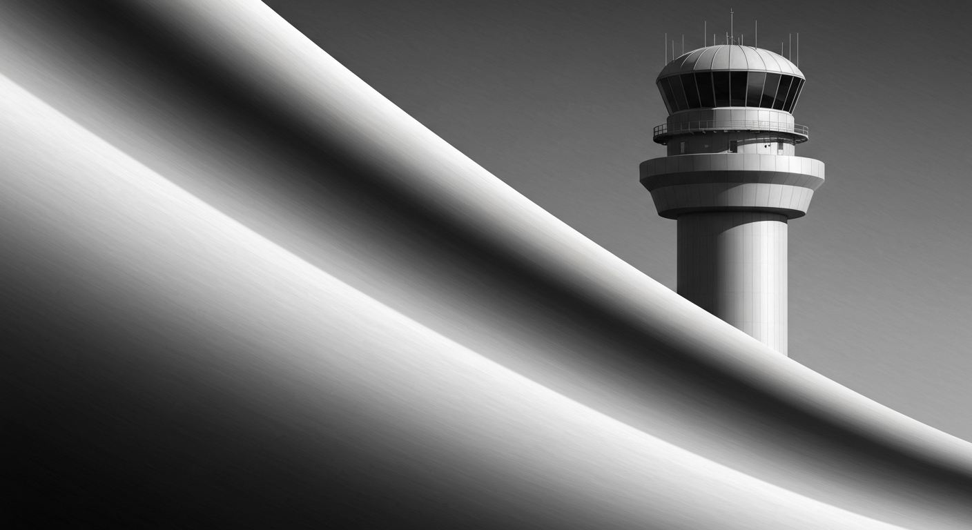 A highly stylized, geometric illustration depicting a towering, streamlined air traffic control tower or radar dome in shades of grey, conveying the grand scale and importance of this critical aviation infrastructure.