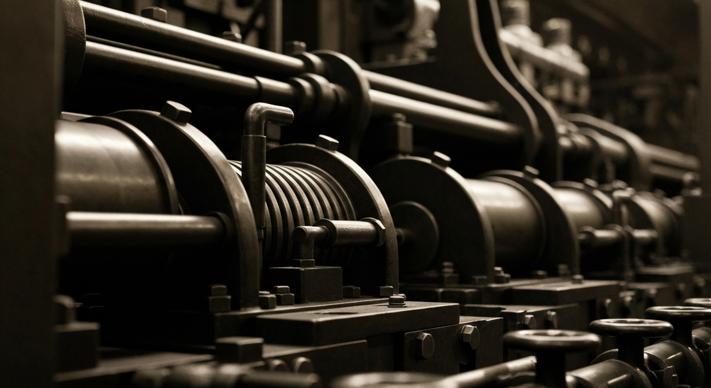 An extreme close-up of industrial banking equipment and machinery, conveying a sense of financial security and stability without using literal currency or charts.