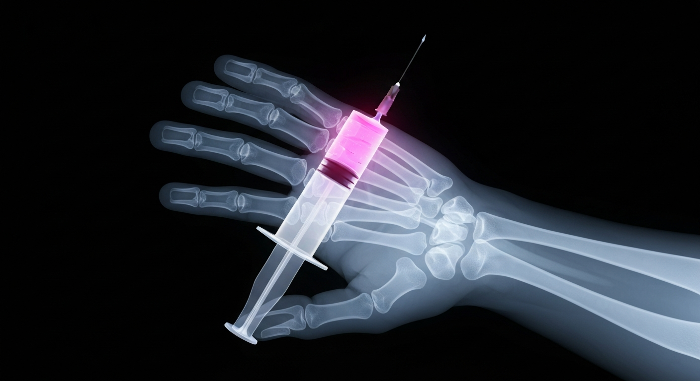 A translucent, ghostly X-ray photograph revealing the internal structures of a human hand holding a syringe filled with a glowing liquid, conceptually illustrating the growing trend of unsupervised use of weight-loss medications.