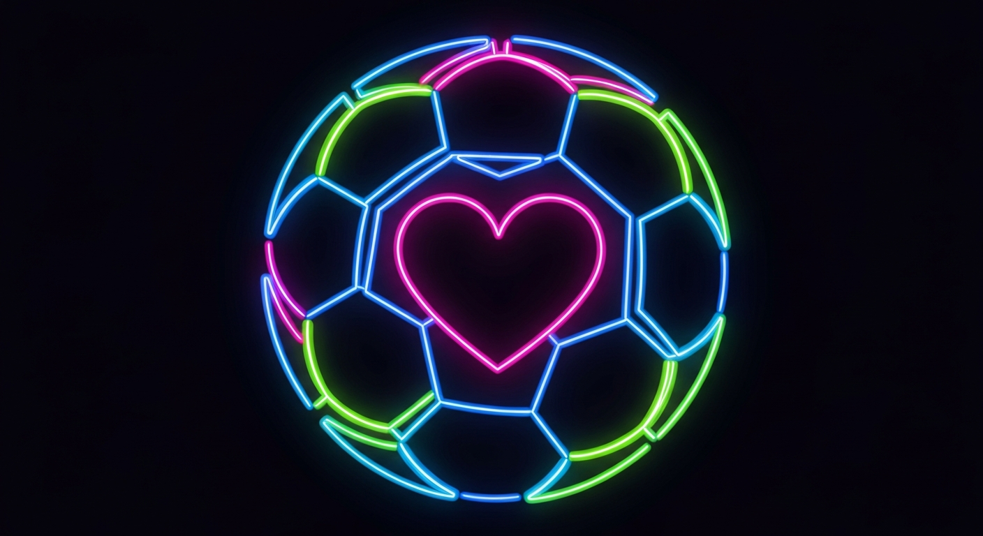 A minimalist neon outline of a soccer ball with a heart shape at the center, representing the intersection of sports, mental health, and community support, against a dark background.