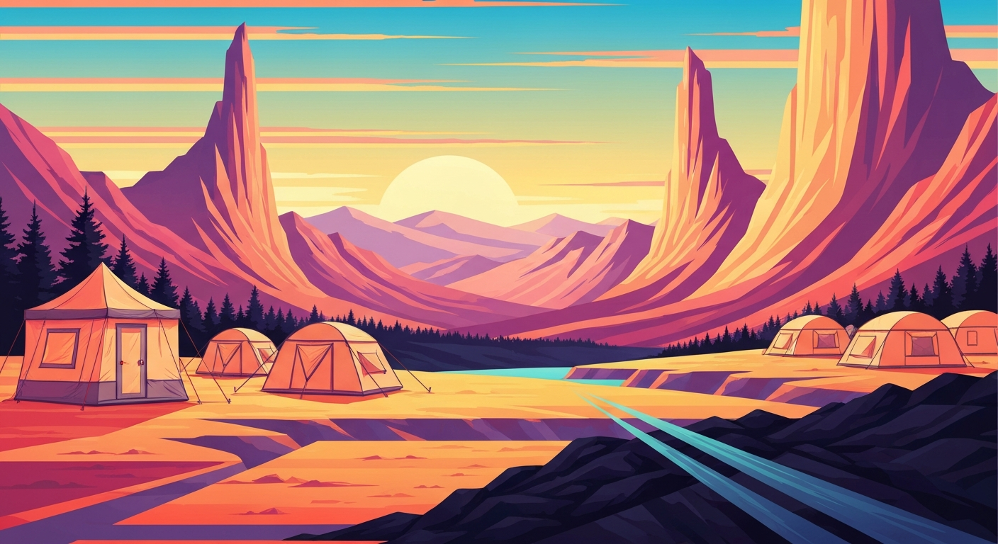A bold, geometric illustration in the Art Deco style depicting a sweeping, mountainous landscape with a winding river in the foreground, conceptually representing the scenic beauty and grand scale of the Gorge Base Camp RV Park in Washington.
