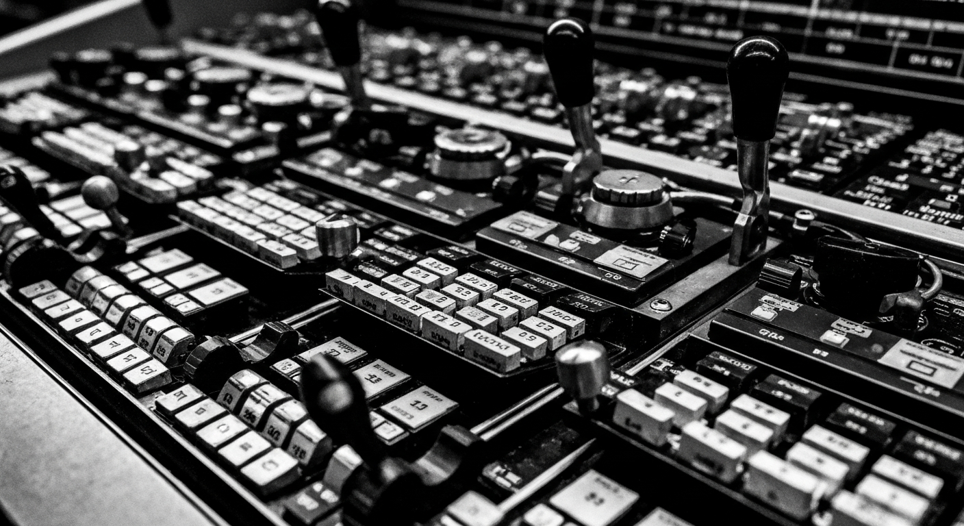 An extreme close-up of the intricate gears, levers, and mechanisms of a stock trading terminal, rendered in high-contrast black and white photography to represent the complex financial forces behind the rise in short interest for RE/MAX's stock.