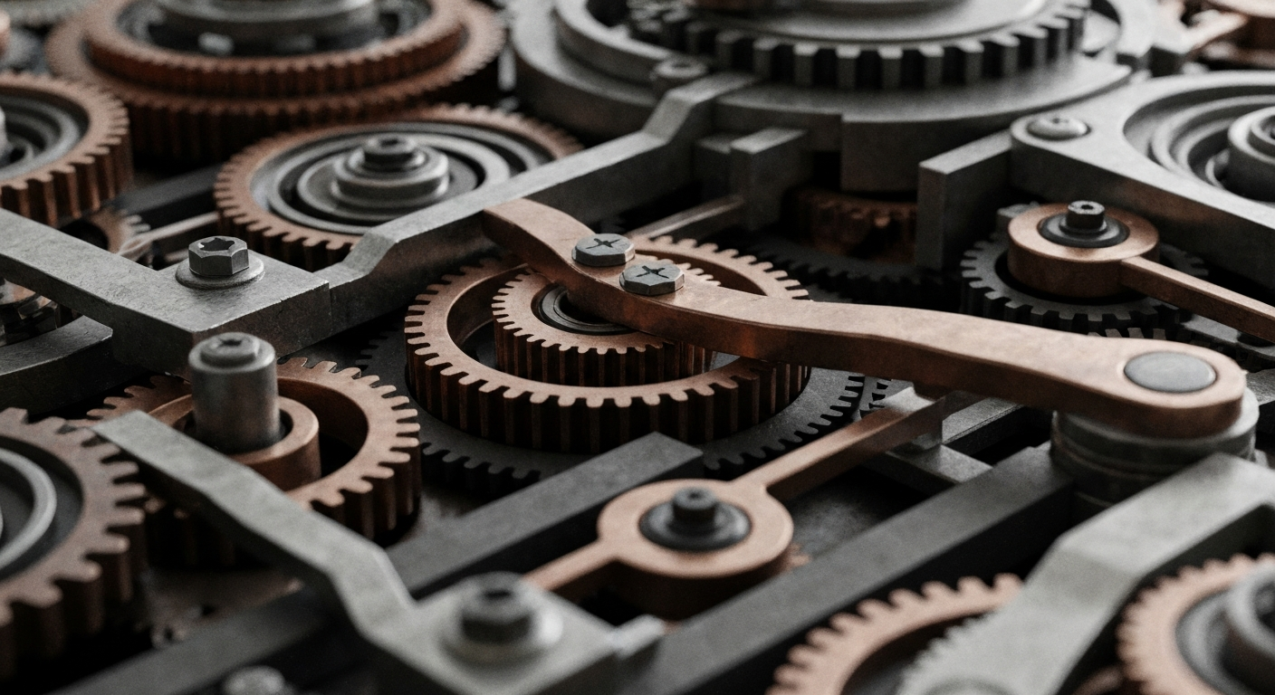 An extreme close-up of interlocking metal gears, levers, and mechanical components in muted industrial tones, conceptually representing the complex financial infrastructure supporting Gyrodyne's medical office real estate business.