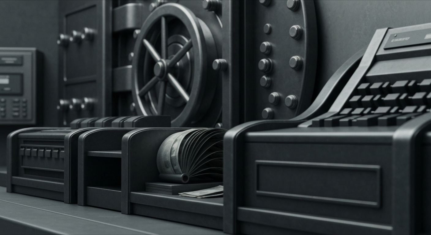 An extreme close-up of various heavy, industrial banking equipment and machinery, including vault doors, cash counters, and security systems, conveying the tangible, physical nature of the regional banking sector.