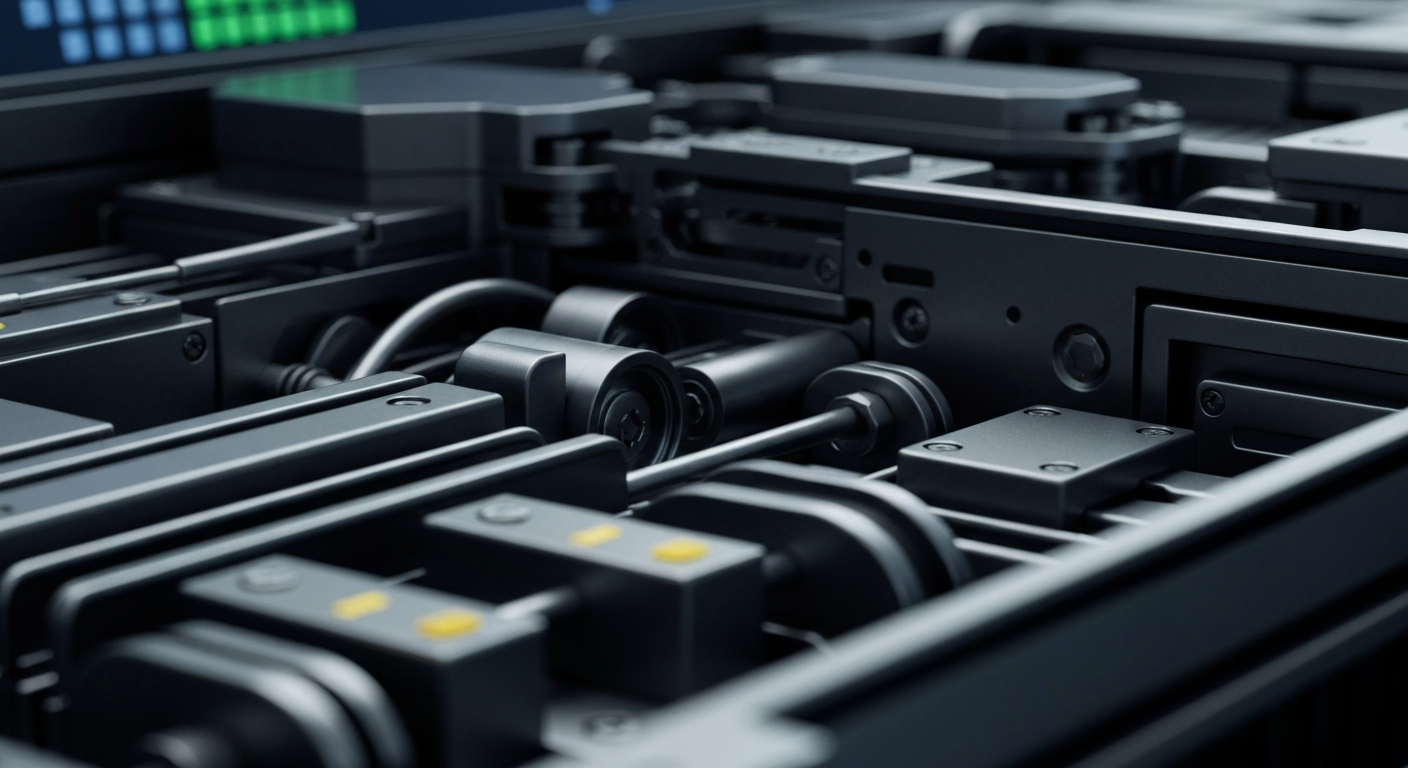 An extreme close-up view of the gears, circuits, and metal components of a financial trading terminal, dramatically lit to emphasize the industrial nature of the finance industry's infrastructure.