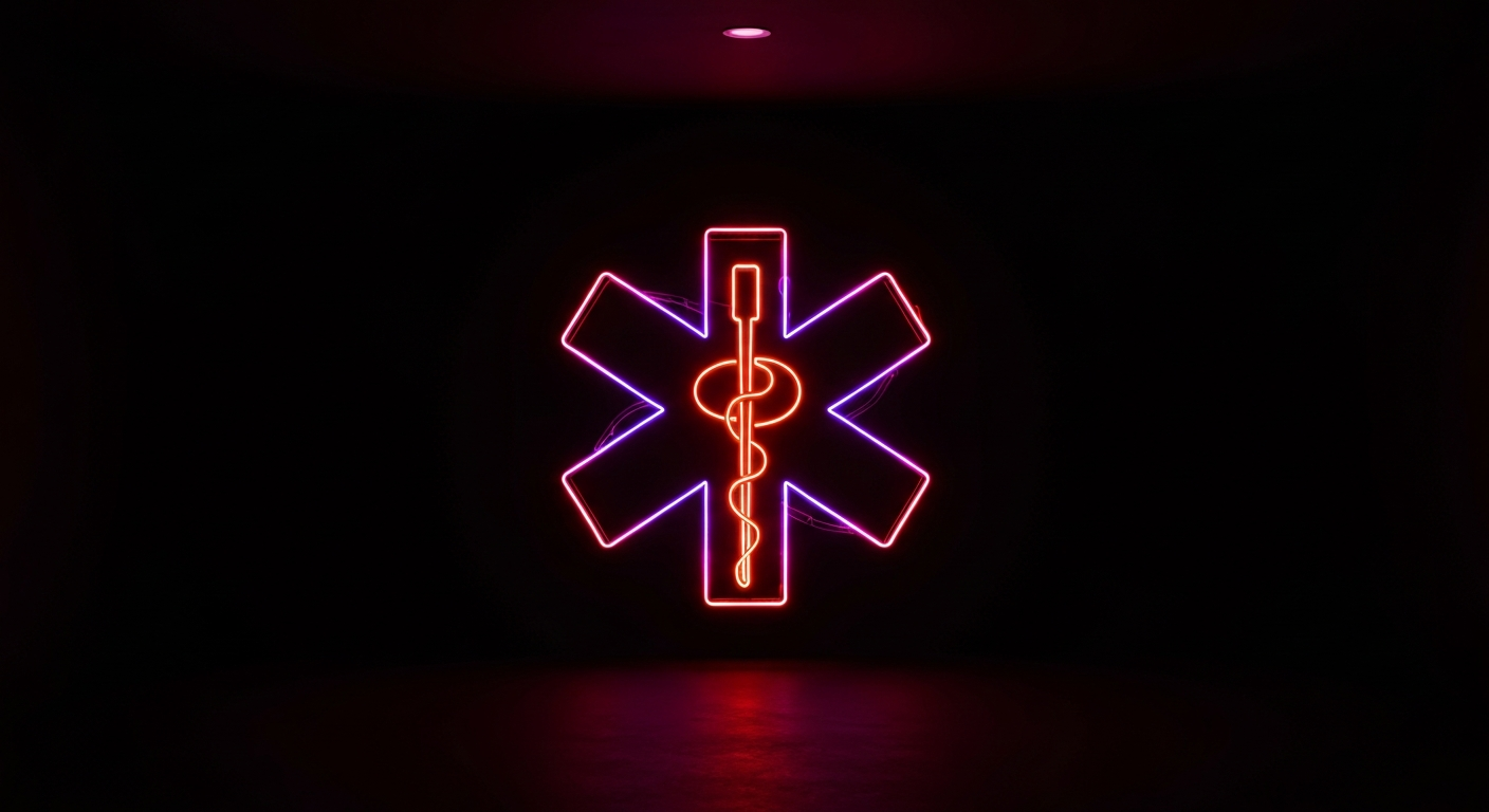 A minimalist design in the style of Keith Haring, with a glowing neon outline of a medical cross or heart shape pulsing against a dark background, conceptually representing the vibrant energy and life-saving work of a community medical center.