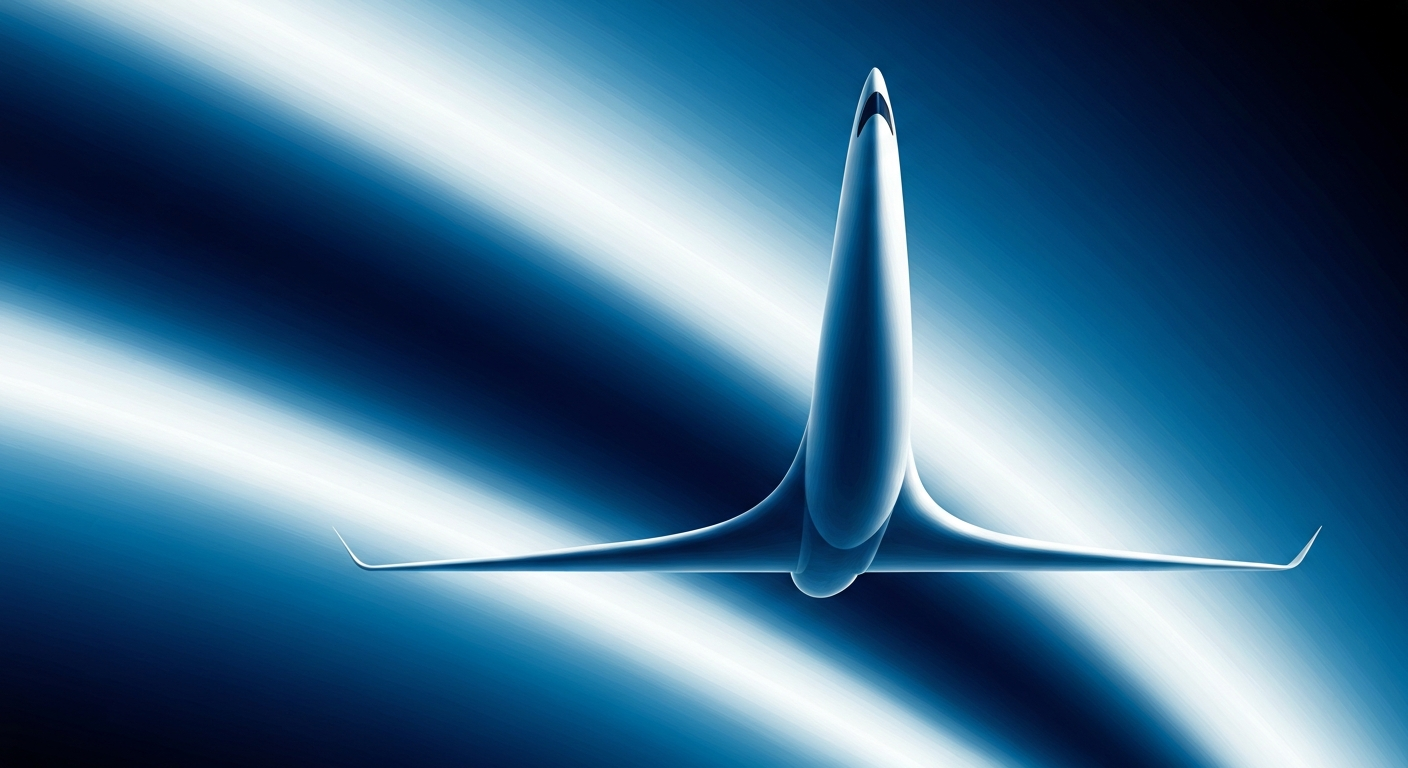 A bold, geometric illustration in shades of blue and silver depicting the silhouette of a large aircraft, capturing the grand scale and romance of air travel in an Art Deco style.