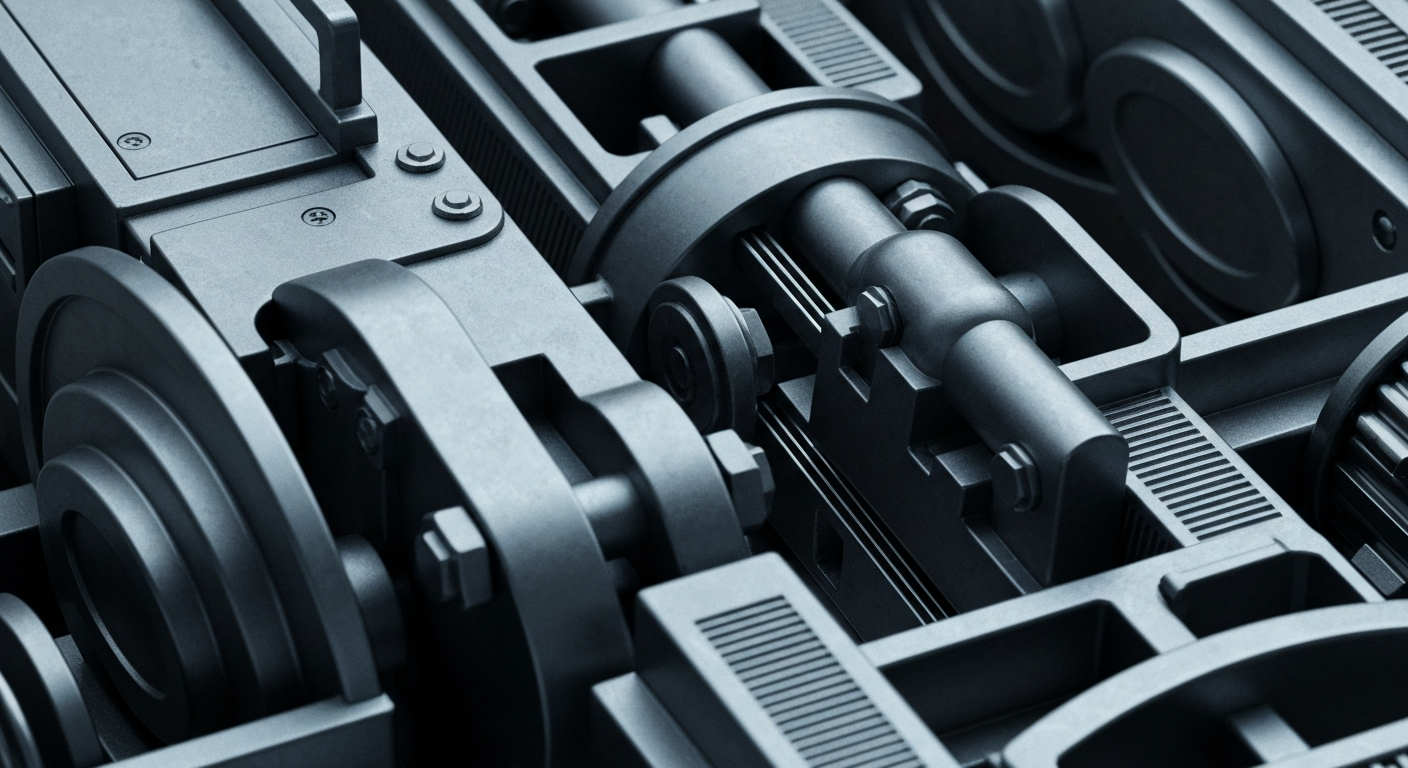 An extreme close-up of heavy, metallic banking machinery and equipment in shades of steel grey, gunmetal, and muted blue, conceptually representing the secure, institutional nature of the financial sector.