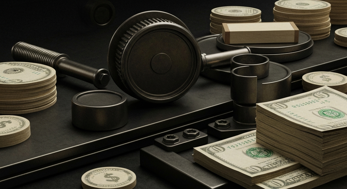 An extreme close-up of intricate, metallic banking machinery and equipment, conveying the complex and powerful nature of the financial industry without using any literal symbols or text.