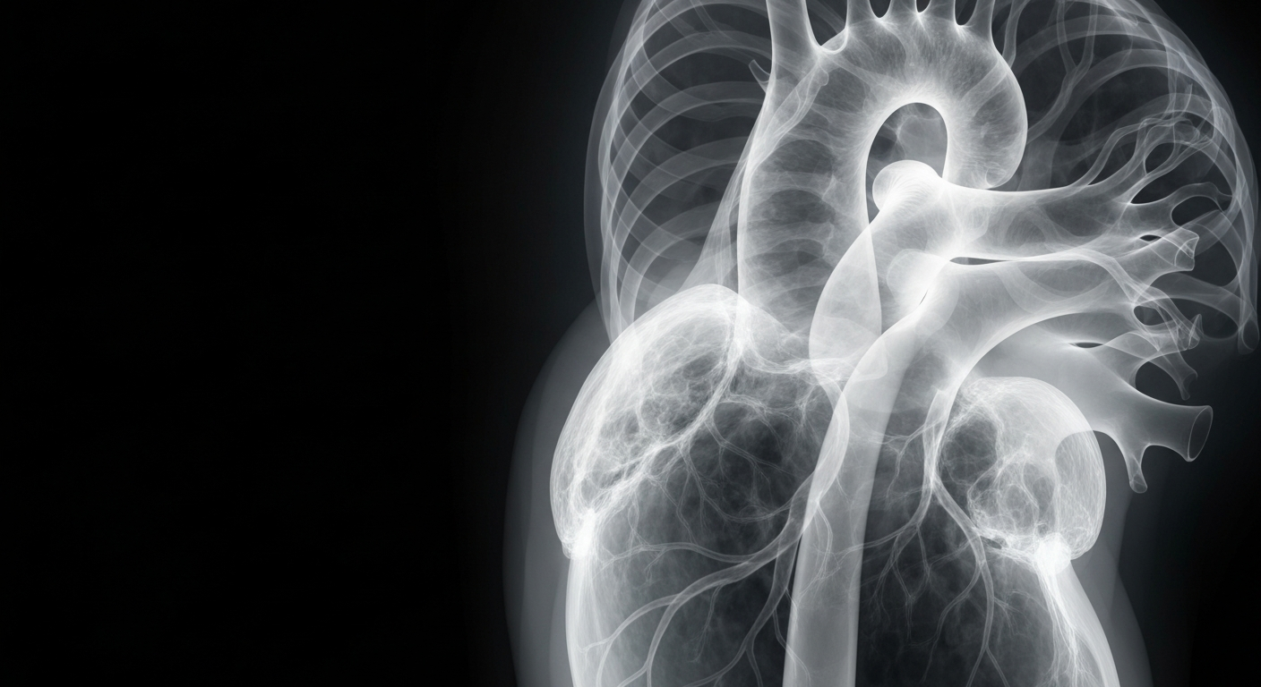 A ghostly, translucent image showing the internal structure of a human heart and blood vessels in glowing, ethereal lines against a dark background, conceptually representing the complex mechanisms behind hypertension.