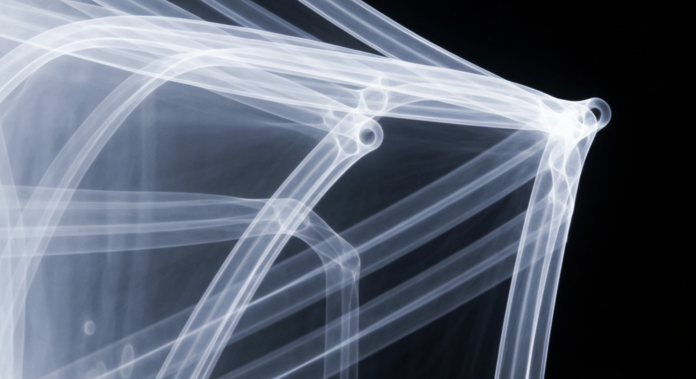 An extreme close-up X-ray image revealing the intricate internal structure of a new shirt fabric, with glowing, ghostly lines against a dark background, conceptually illustrating the unseen irritants that can cause skin problems when new clothes are worn unwashed.