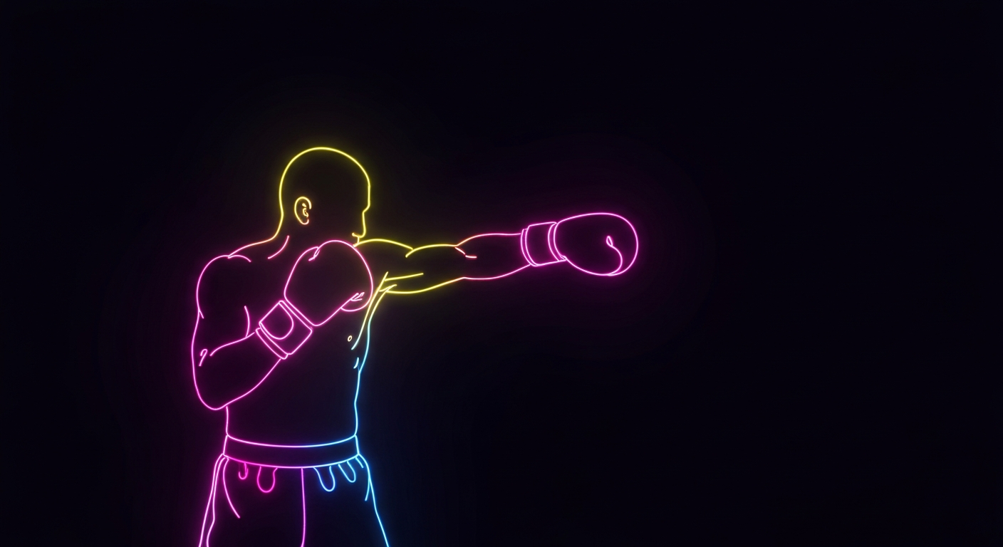 A minimalist illustration of a boxer's silhouette defined by glowing neon lines, conceptually representing the cardiovascular benefits of boxing training.