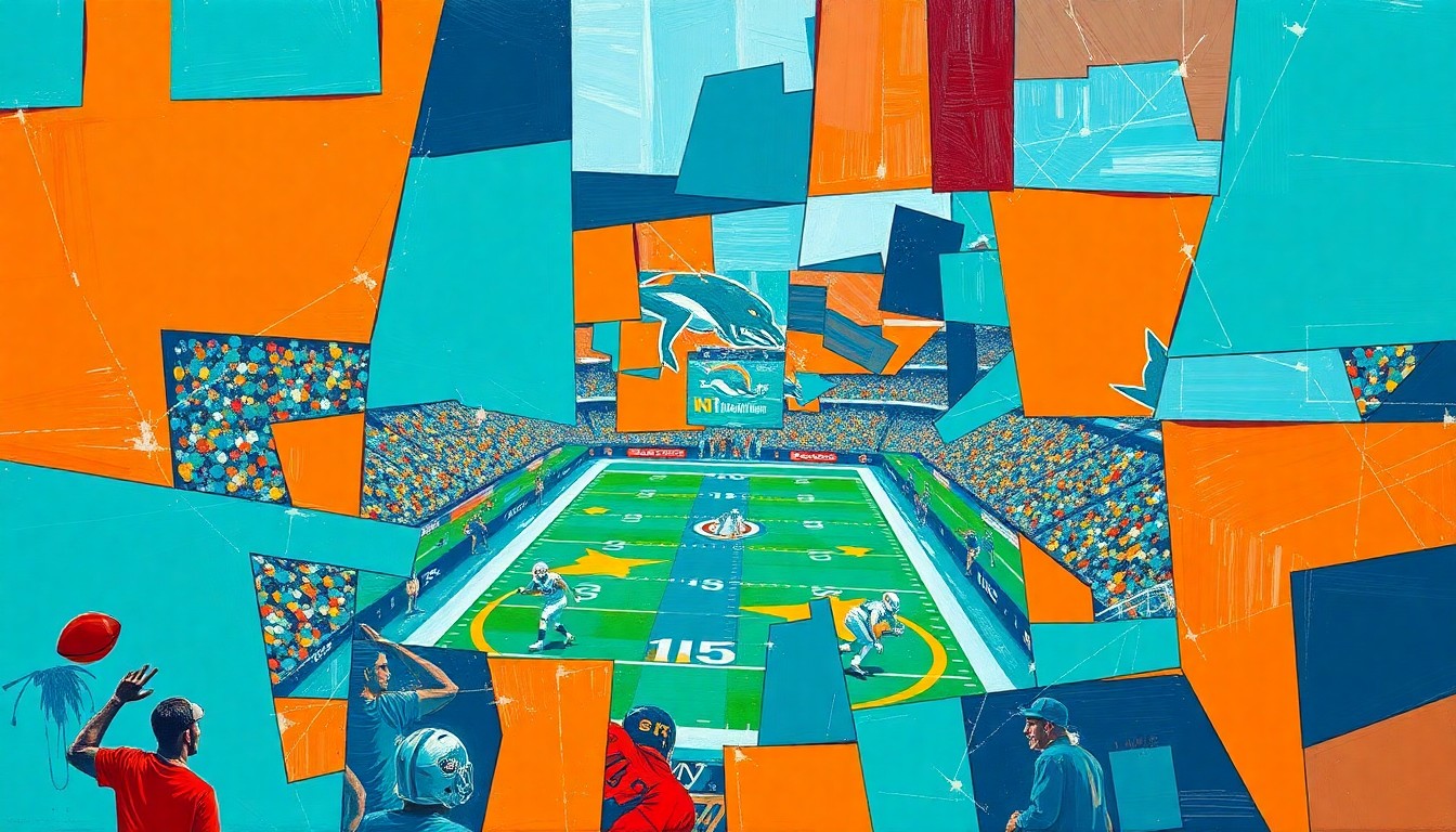 A fractured, multi-perspective painting in a cubist style, breaking down a football scene into sharp, overlapping geometric planes in the Dolphins' official team colors of aqua, orange, and navy blue, conceptually representing the complexity of the team's draft decisions.