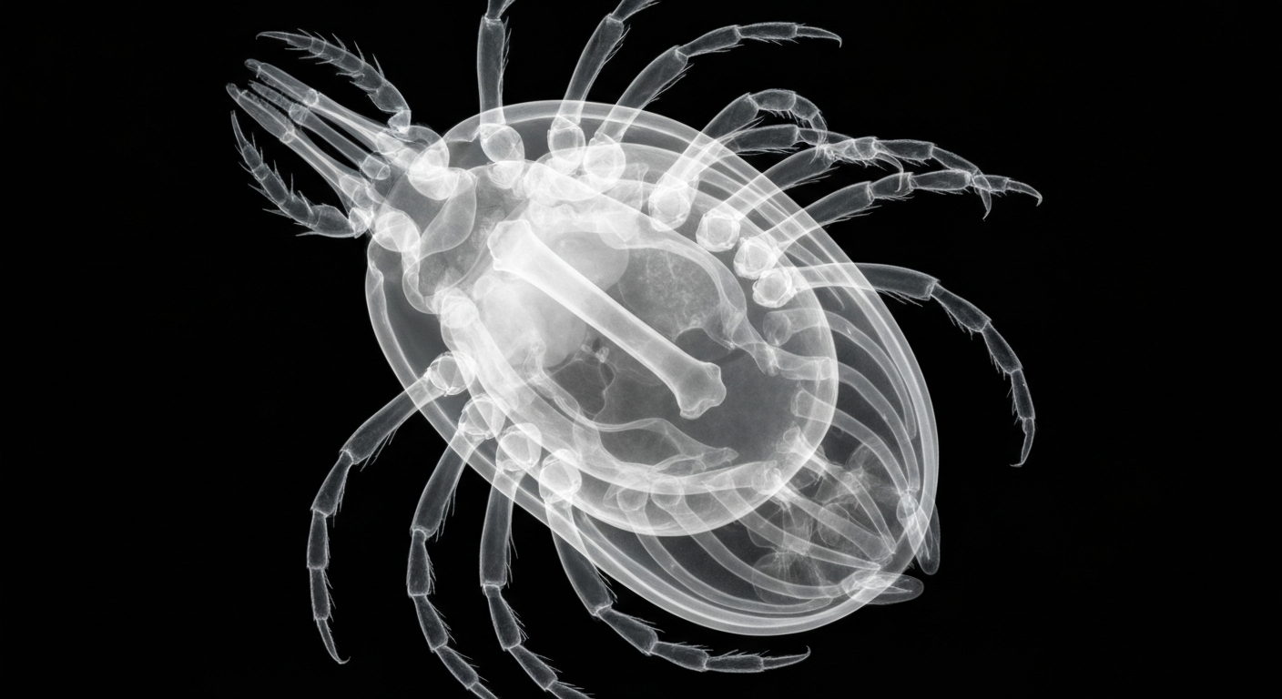An extreme close-up X-ray image revealing the intricate internal anatomy of a blacklegged tick, the vector for Lyme disease, against a dark background, conceptually illustrating the public health challenge posed by this tick-borne illness.