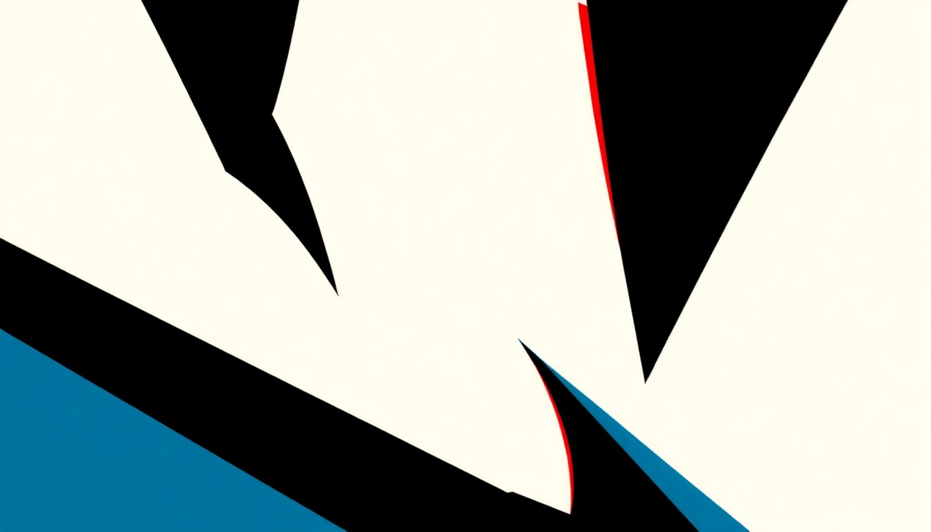 An abstract, minimalist illustration composed of bold, angular shapes in shades of blue, red, and black, conceptually representing the creative tension and musical evolution surrounding Bruce Springsteen's solo work and reunion with his longtime backing band.