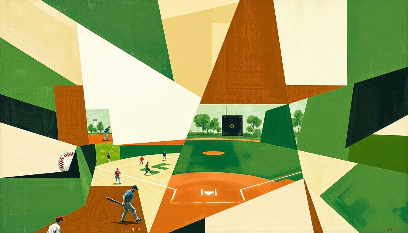 A fragmented, geometric painting in shades of green, brown, and white, depicting the action and movement of a high school baseball game in an abstract, cubist style.
