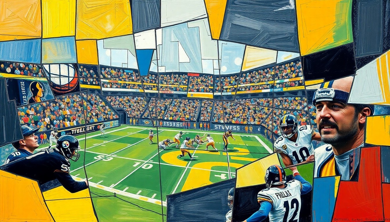 A cubist, geometric painting depicting a fragmented football game, with players and the field broken down into sharp, overlapping shapes and planes in a variety of colors.