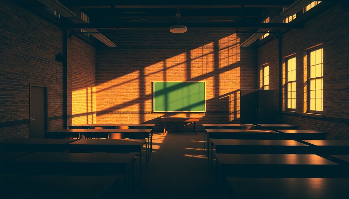 A dimly lit, empty college classroom with warm sunlight streaming through the windows, creating deep shadows and a nostalgic, cinematic mood, conceptually representing the setback in Lewis-Clark State College's name change proposal.