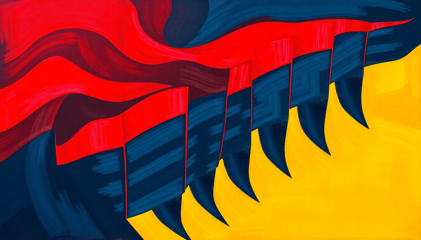 A vibrant, abstract painting featuring a fractured, repeating image of a ballot box or voting machine in shades of red, blue, and yellow, conveying the contested nature of election administration.