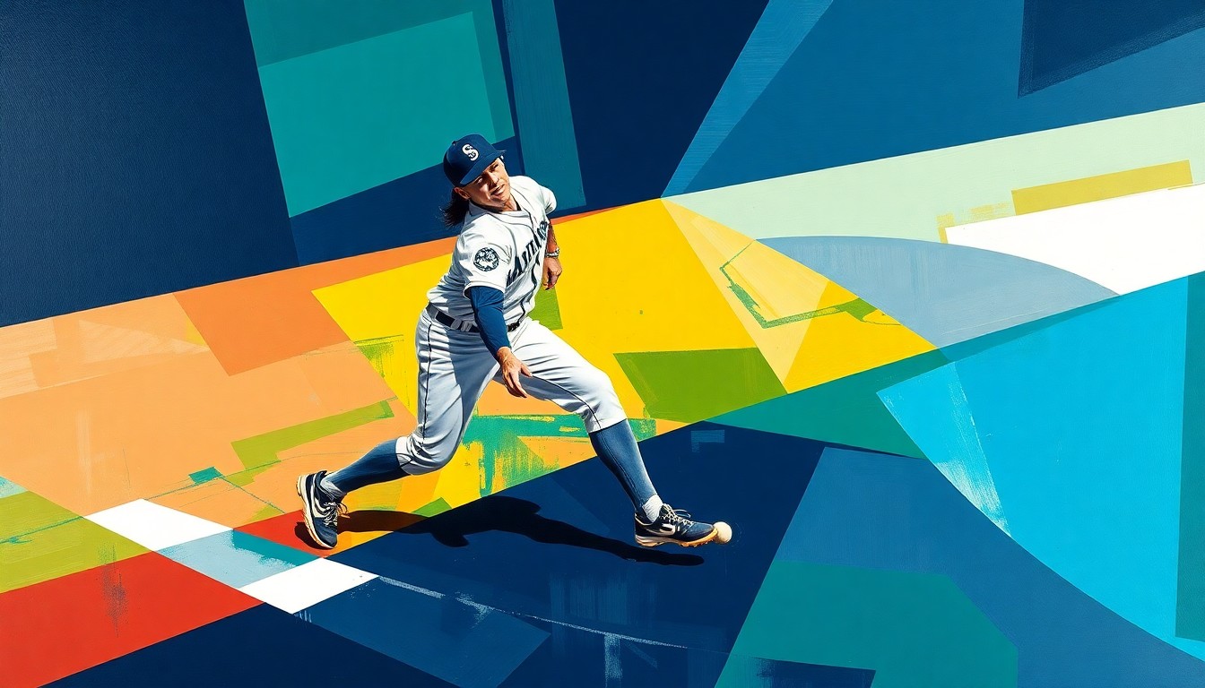 A fractured, multi-perspective painting depicting a baseball shortstop fielding a ground ball, broken down into sharp, overlapping geometric planes in the team colors of the Seattle Mariners.