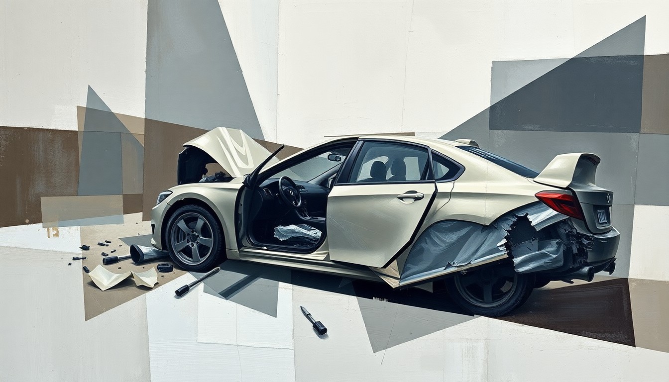 A fragmented, geometric painting depicting the aftermath of a car accident, with sharp planes of color and form representing the chaotic scene.