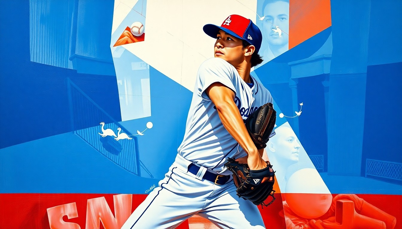 A cubist, geometric painting depicting Shohei Ohtani's pitching motion, with sharp, overlapping planes of blue, red, and white, capturing the dynamic energy of the moment.