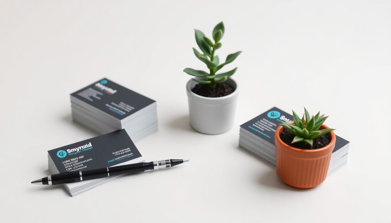 A minimalist studio still life photograph featuring a stack of business cards, a pen, and a small potted plant on a clean white background, symbolizing the networking and community-building aspects of the Smyrna Area Council meeting.