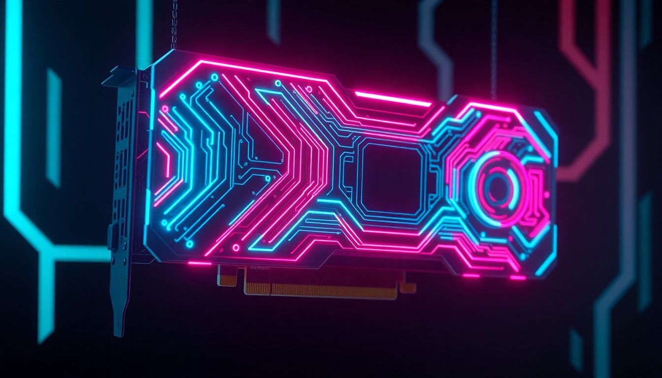 A highly detailed, glowing 3D illustration of a futuristic AMD AI accelerator card, with intricate circuit patterns illuminated by neon lights, conveying a sense of advanced, cutting-edge technology.