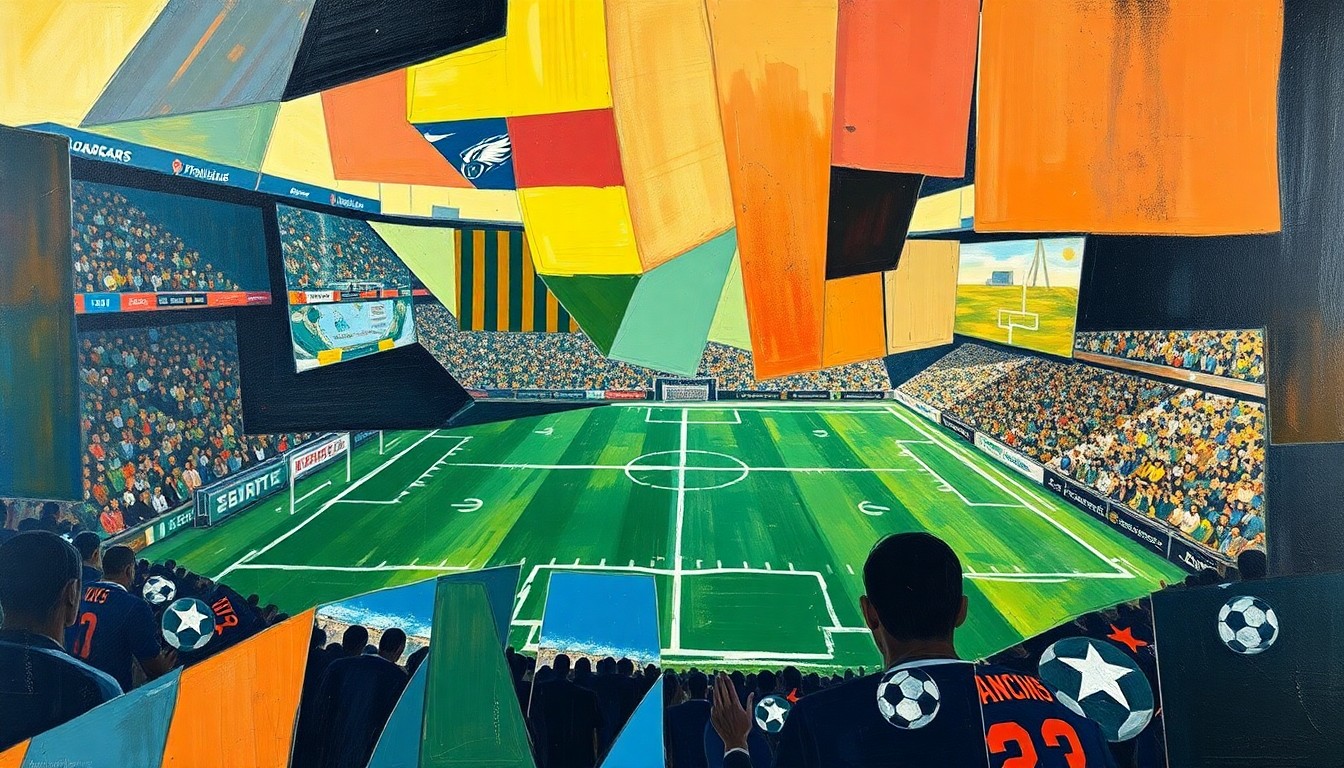 A cubist-style painting depicting a football game or match broken down into sharp, overlapping geometric shapes and planes, representing the strategic and calculated nature of the Broncos' offseason approach.