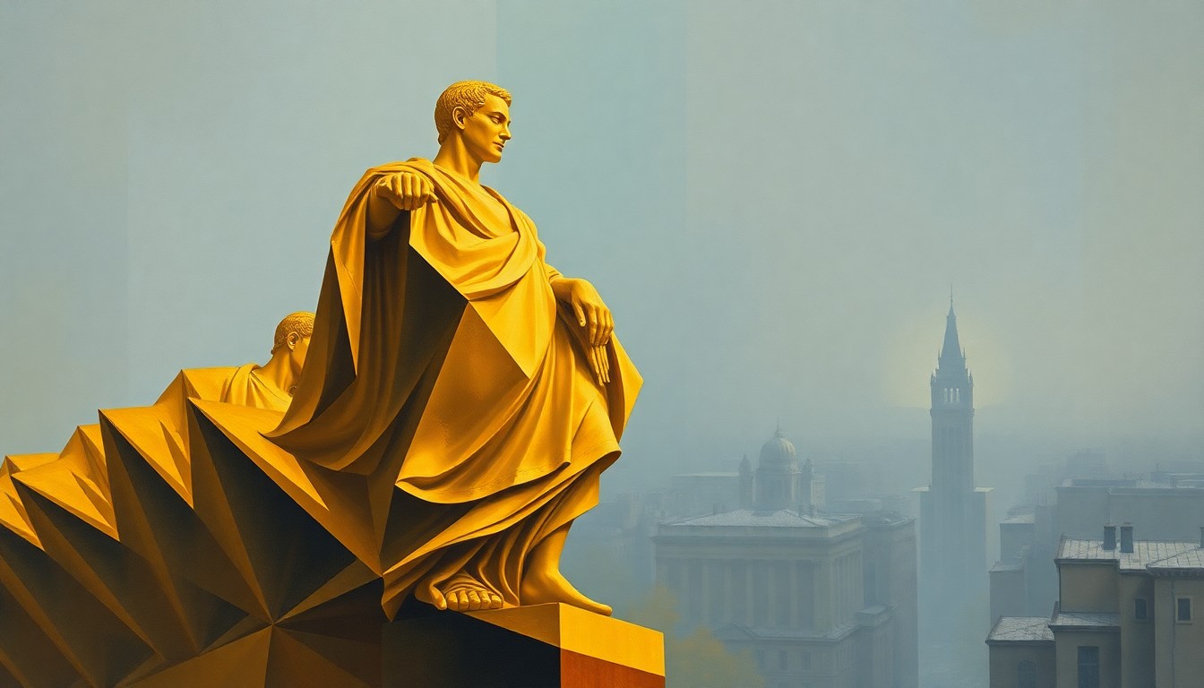 A fractured, geometric painting depicting a large, golden statue in the foreground, repeated in overlapping, angular waves of color against a hazy, dreamlike cityscape in muted tones of blue and gray, conveying a sense of motion and instability.