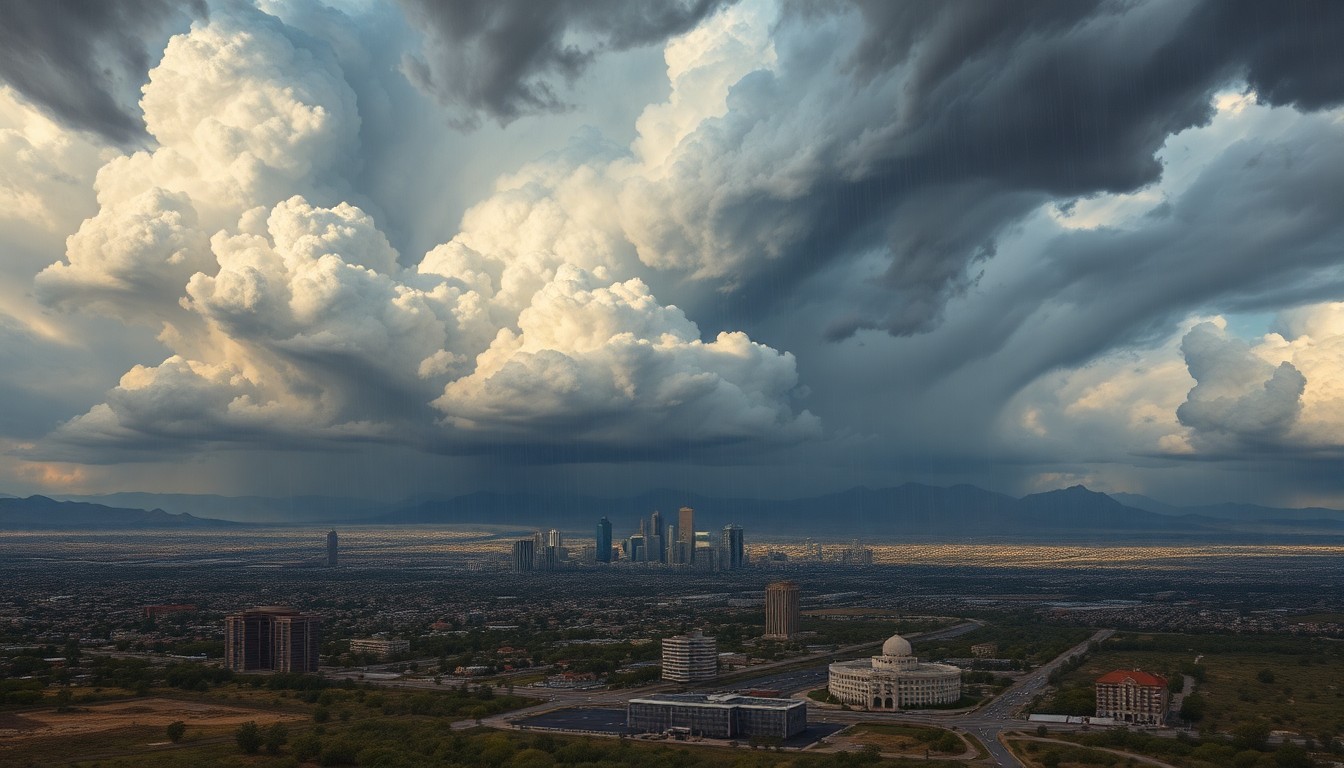 A sweeping, atmospheric landscape painting depicting a powerful thunderstorm passing over the Phoenix metropolitan area, with the city's buildings and structures dwarfed by the overwhelming scale of the weather conditions.