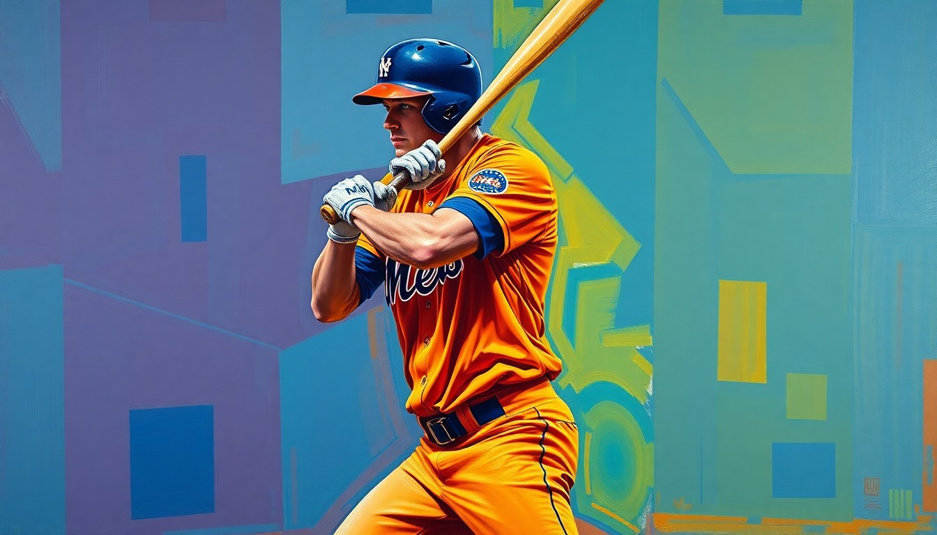 A fragmented, geometric painting in shades of blue and orange, depicting a baseball player's batting stance from multiple angles, conveying the conceptual idea of the Mets' front office changes.