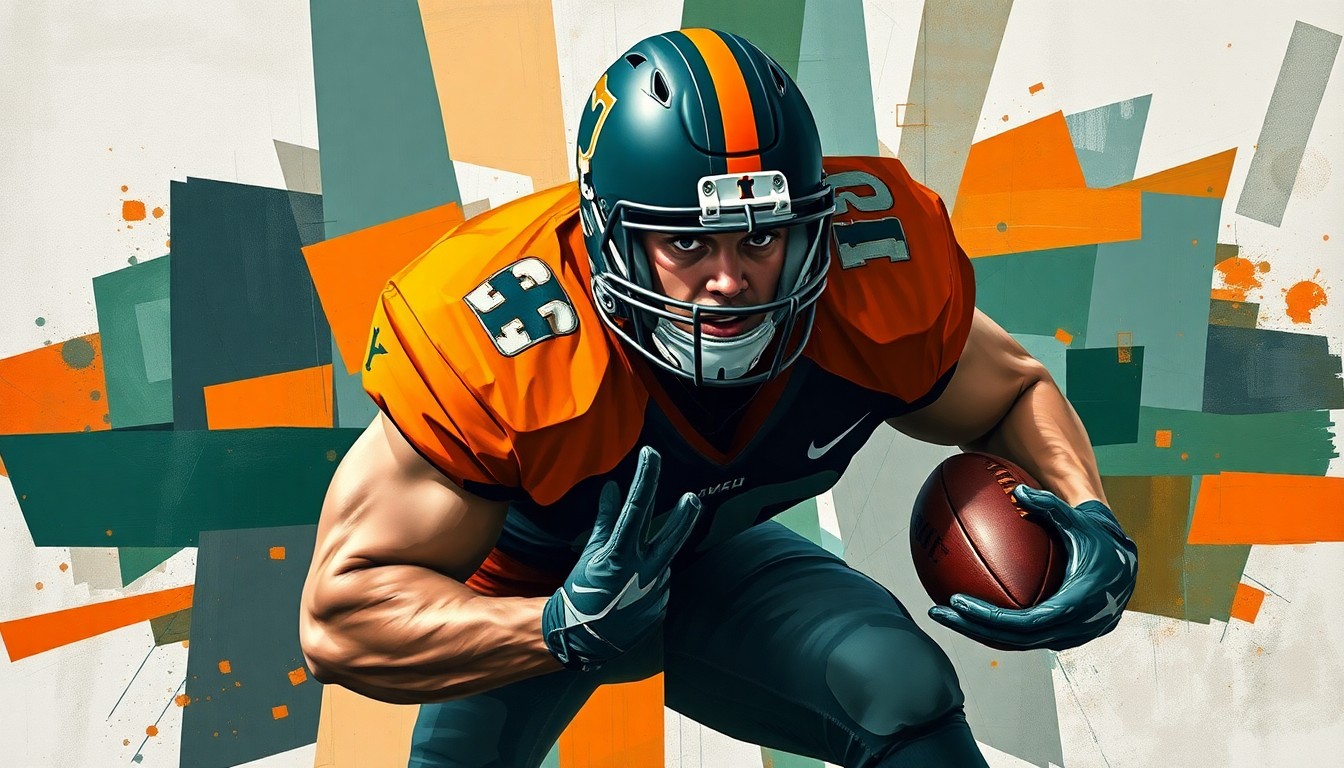 A fragmented, geometric painting depicting the dynamic movements of a college football defensive lineman, with sharp planes of deep green, orange, and gray hues conveying the intensity of the sport.