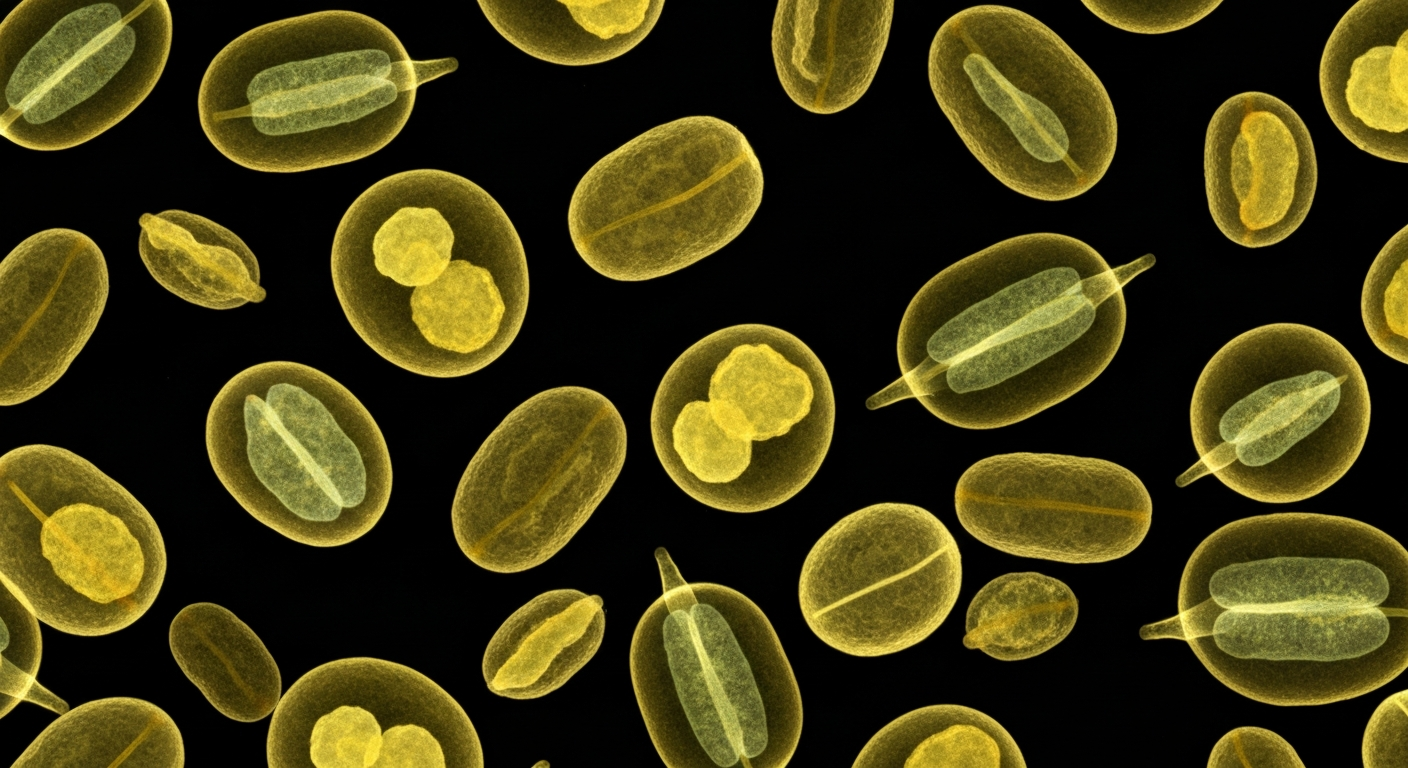 An extreme macro X-ray photograph showing the translucent, glowing structures of various pollen grains in shades of white and grey against a dark background, conceptually illustrating the microscopic allergens causing problems for Knoxville residents.