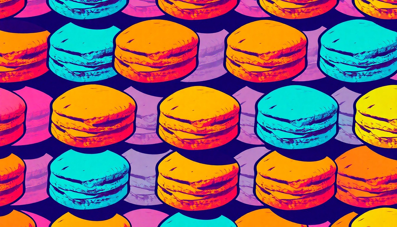 A highly stylized, abstract illustration of a stack of golden buttermilk biscuits, rendered in a bold, neon color palette and high-contrast silkscreen technique, conceptually representing the opening of a new influencer-driven restaurant in Detroit.