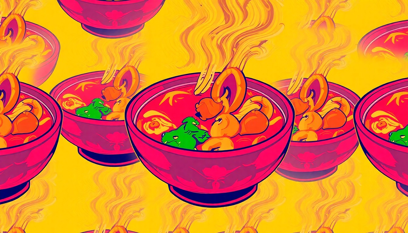 A brightly colored, high-contrast silkscreen print of a steaming bowl of seafood noodle soup, repeated in a tight grid pattern, conceptually representing the restaurant's focus on bringing its signature Thai and Chinese dishes to customers through convenient digital ordering.