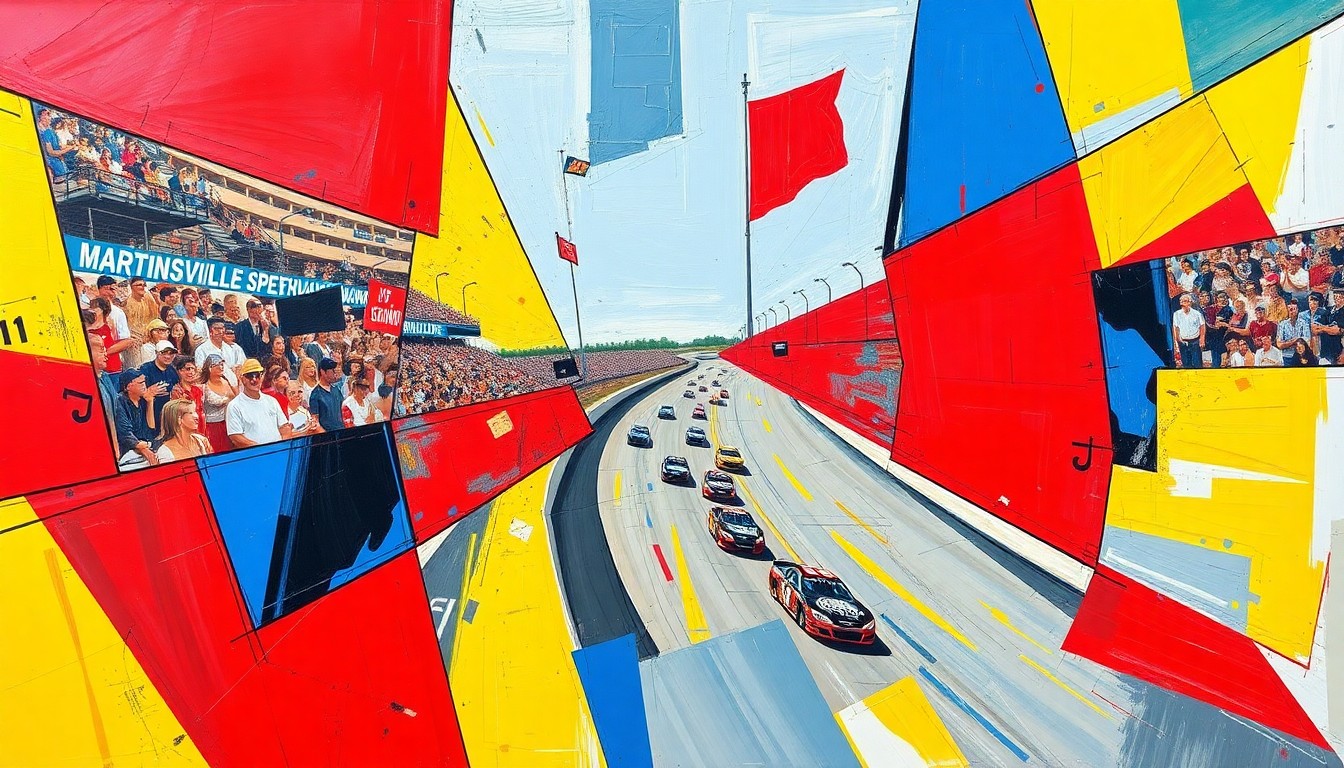 A cubist, geometric painting depicting a NASCAR race at Martinsville Speedway, with the cars and track broken down into sharp, overlapping planes of color.