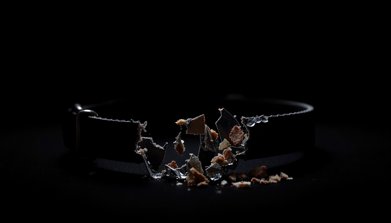 An extreme close-up photograph of a shattered cat collar against a pitch-black background, lit by a harsh, direct camera flash, conveying a stark, gritty, investigative aesthetic without depicting any actual violence.