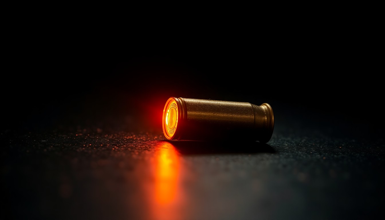 An extreme close-up of a spent bullet casing on a dark, textured surface, lit by a harsh, direct camera flash, conceptually representing the evidence left behind at a shooting scene.
