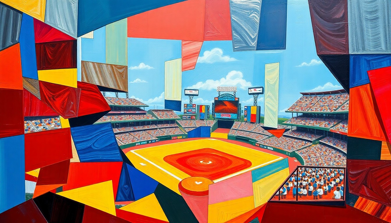 A fractured, geometric painting in vibrant colors depicting the action and energy of a baseball game, with sharp, overlapping planes representing the dynamic between the teams' offenses and pitching.