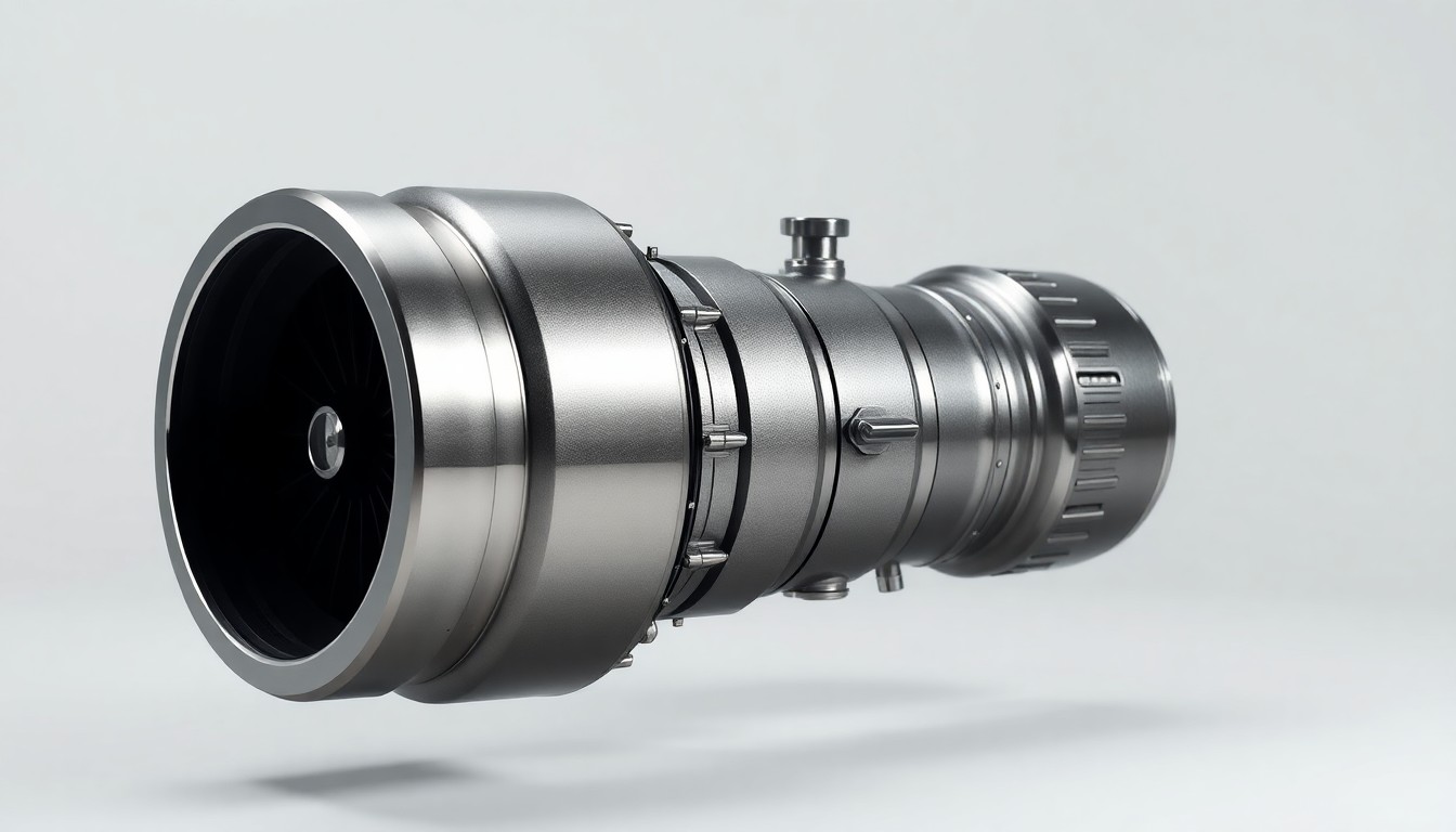 A photorealistic studio still-life image of a sleek, metallic industrial turbine engine component in a polished silver finish, floating on a clean white background with dramatic studio lighting creating deep shadows to highlight the geometric precision of the engineering.