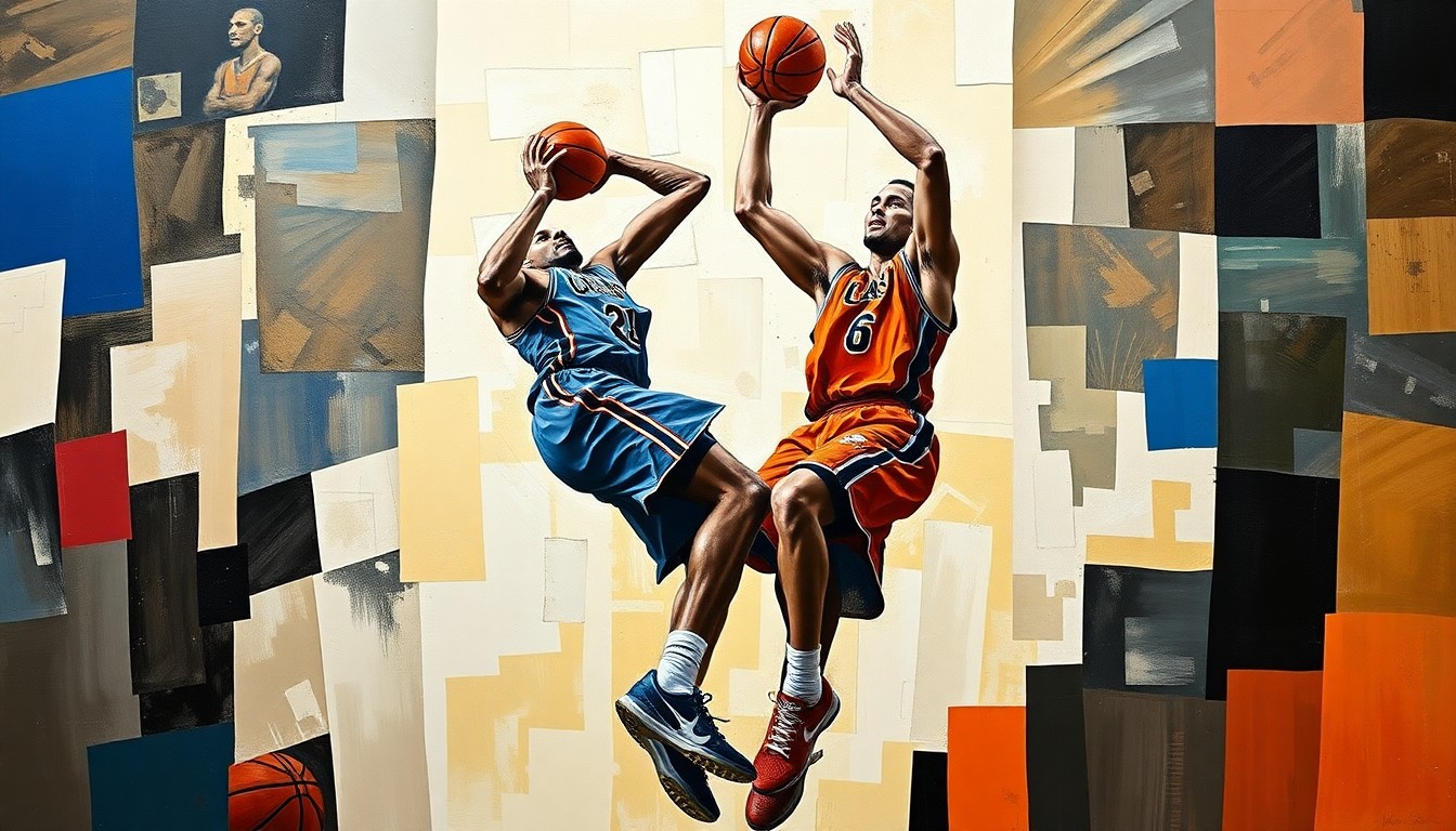 A fragmented, cubist-style painting depicting the powerful movements and energy of two tall basketball players, their forms broken down into sharp, overlapping geometric planes.